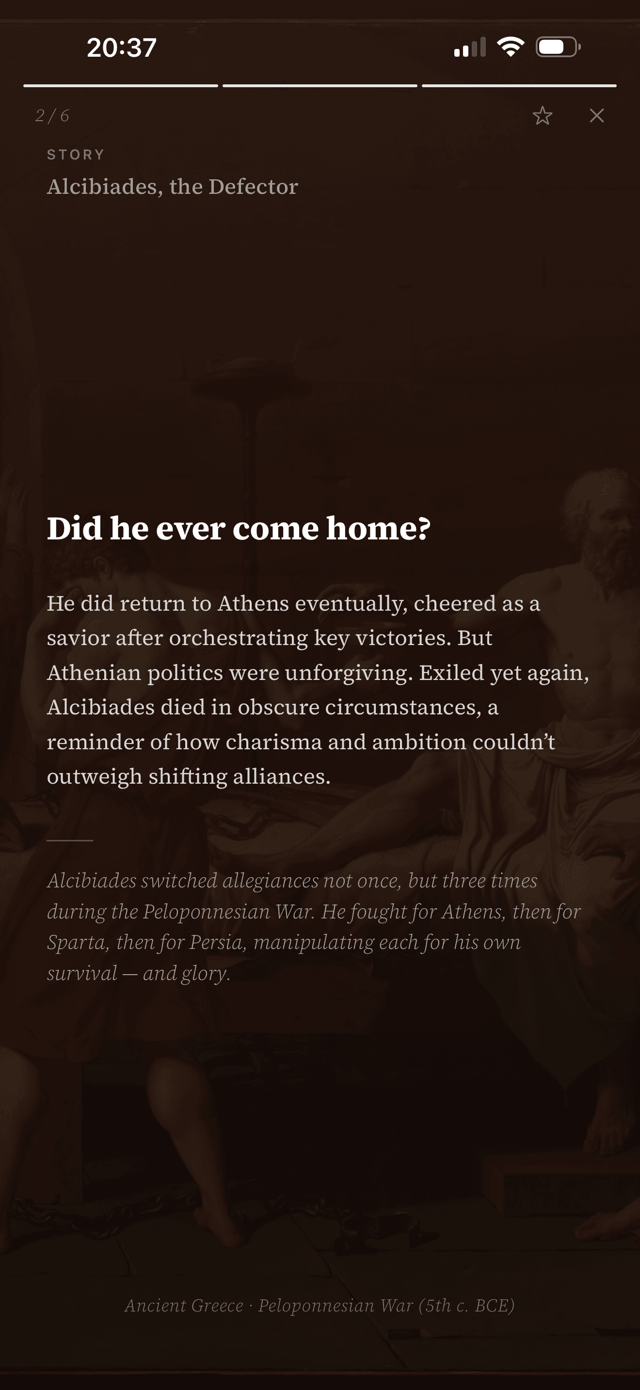 A full-screen Fragmenta story card about Alcibiades, with background art and narrative text